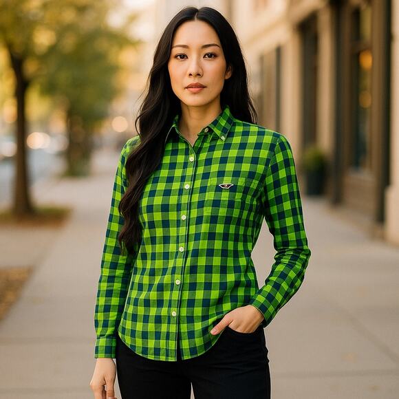 Hollister Womens Blouse Sz M Lime Green Blue Check Long Sleeve Button Up Cotton - Picture 1 of 9
